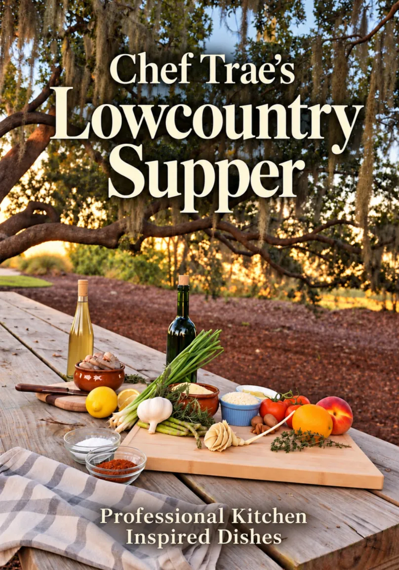 Chef Trae’s Lowcountry Supper cookbook cover with ingredients on a picnic table beneath a live oak
